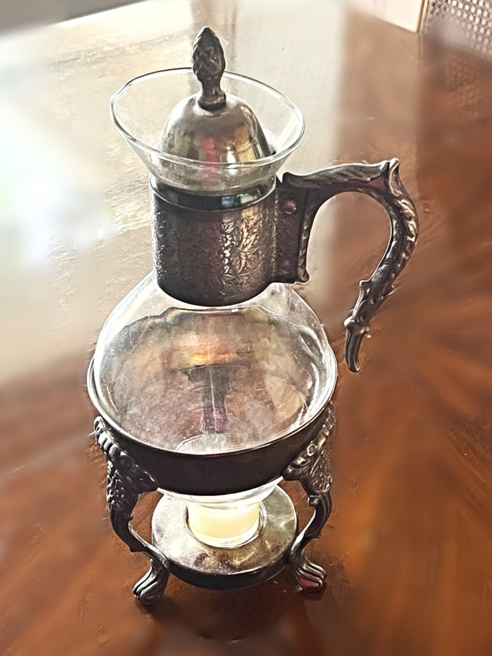 Glass Tea - Coffee Warmer with Ornate Silver Plated Handle and Stand!